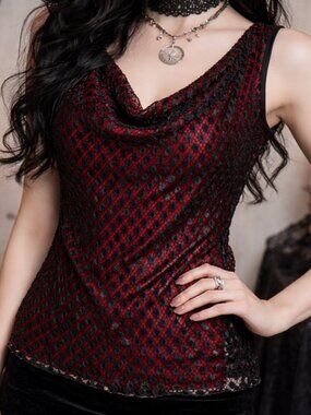 Cowl neck  90's y2k witchy black sheer lace overlay red whimsigoth sexy top